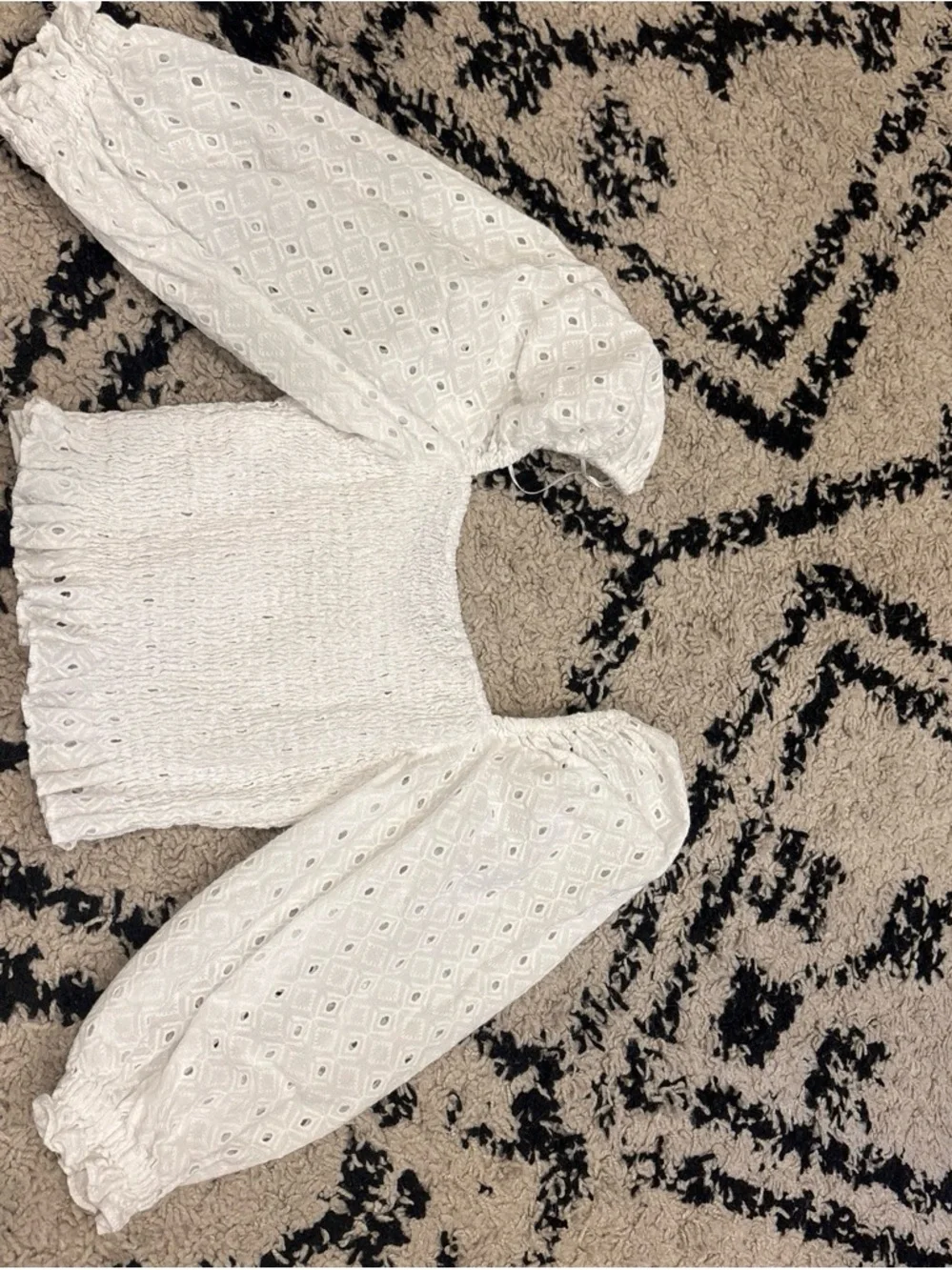 Zara White Eyelet Smocked Crop Top with Front Tie